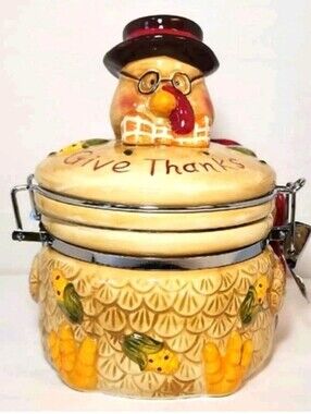 Turkey "Give Thanks" Biscuit Canister Jar Holiday Decor Ceramic